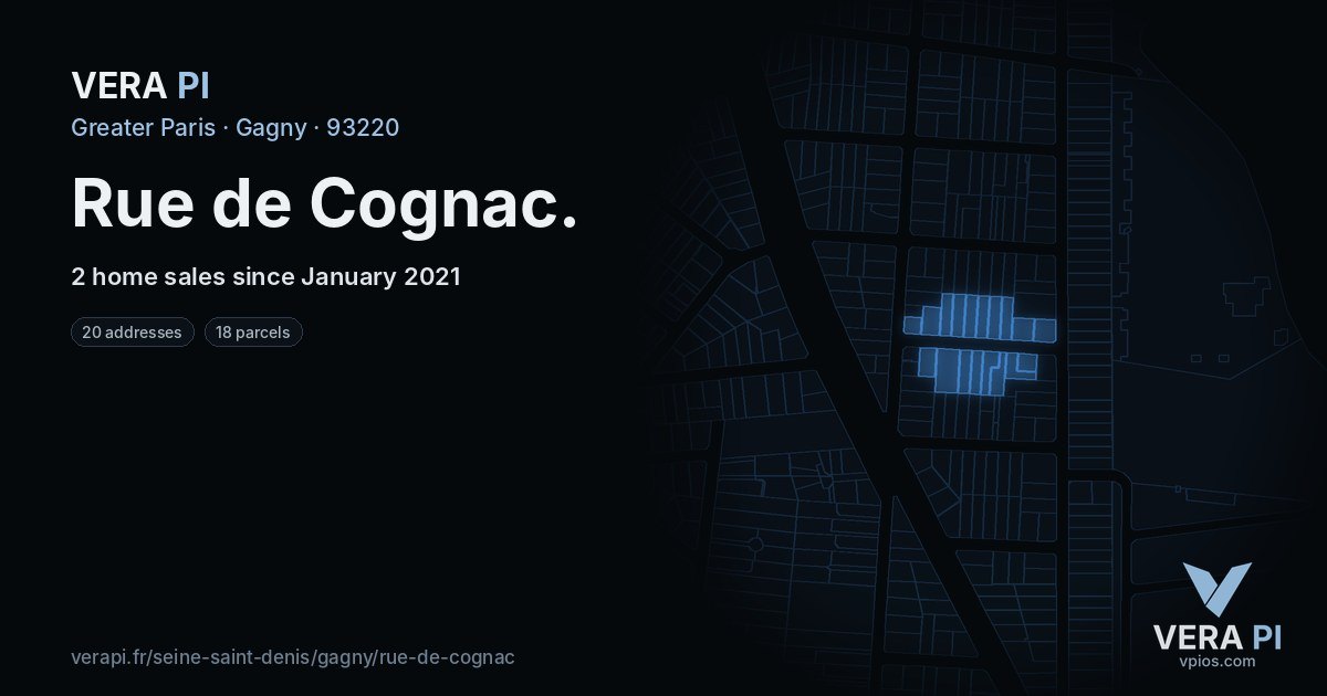 Rue de Cognac, Gagny at night – every parcel coloured by the prices around it, the street's own parcels lit