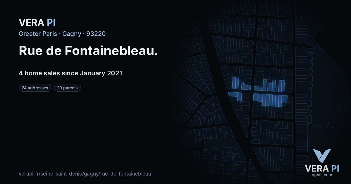 Rue de Fontainebleau, Gagny at night – every parcel coloured by the prices around it, the street's own parcels lit