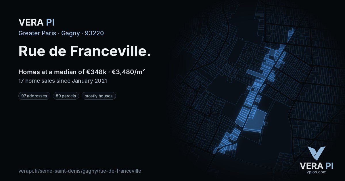 Rue de Franceville, Gagny at night – every parcel coloured by the prices around it, the street's own parcels lit