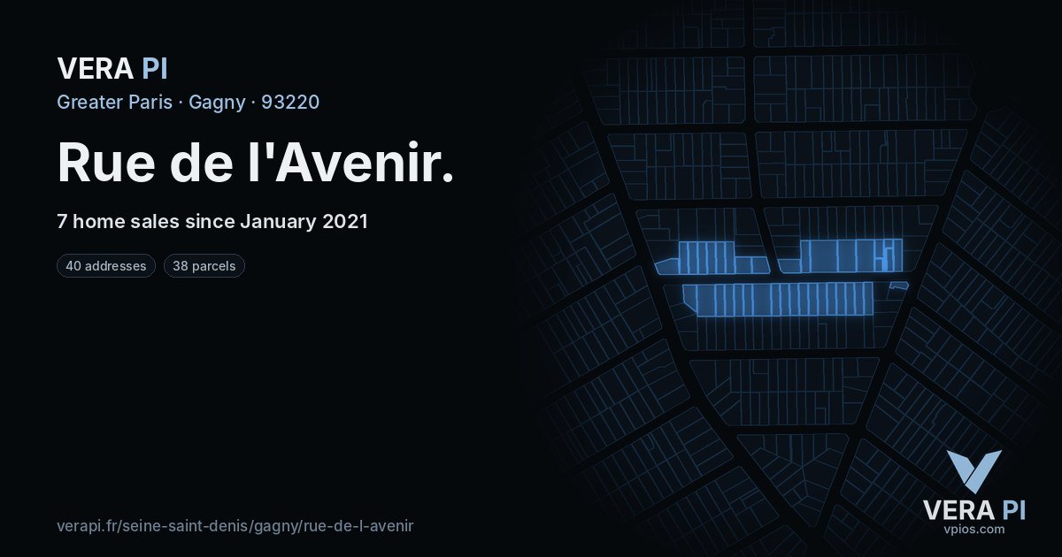 Rue de l'Avenir, Gagny at night – every parcel coloured by the prices around it, the street's own parcels lit