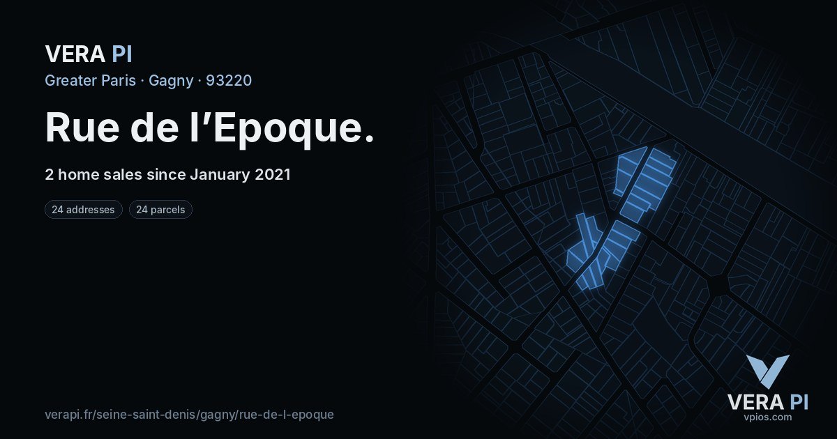 Rue de l’Epoque, Gagny at night – every parcel coloured by the prices around it, the street's own parcels lit