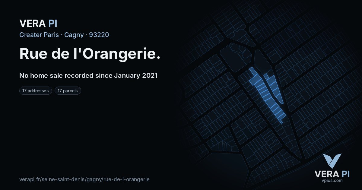 Rue de l'Orangerie, Gagny at night – every parcel coloured by the prices around it, the street's own parcels lit