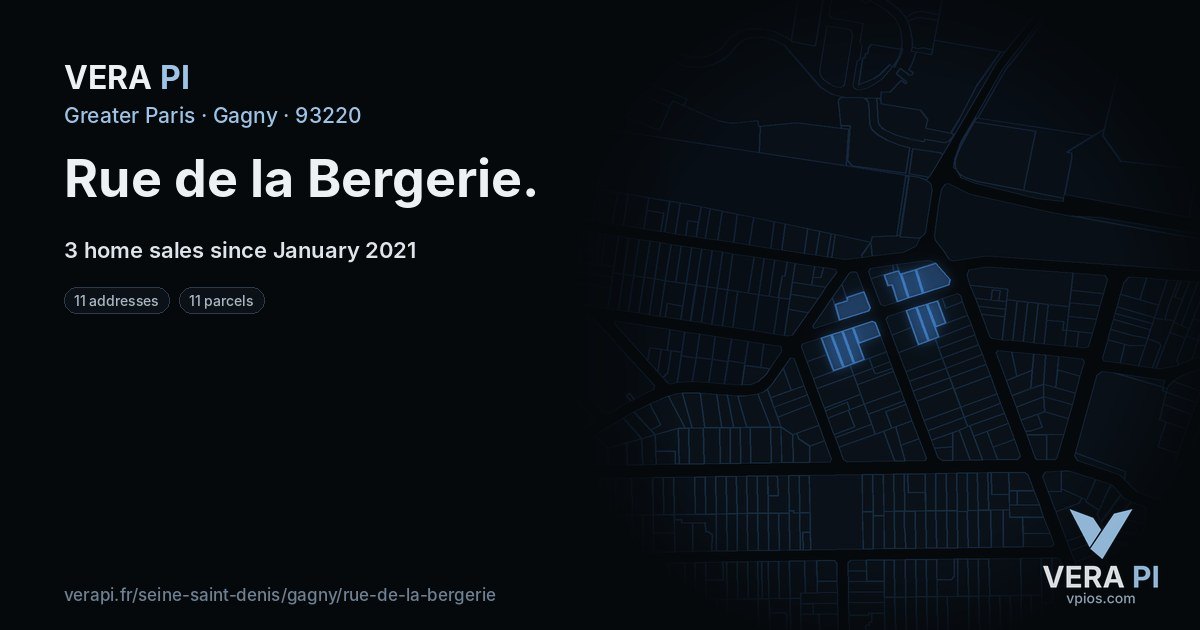 Rue de la Bergerie, Gagny at night – every parcel coloured by the prices around it, the street's own parcels lit