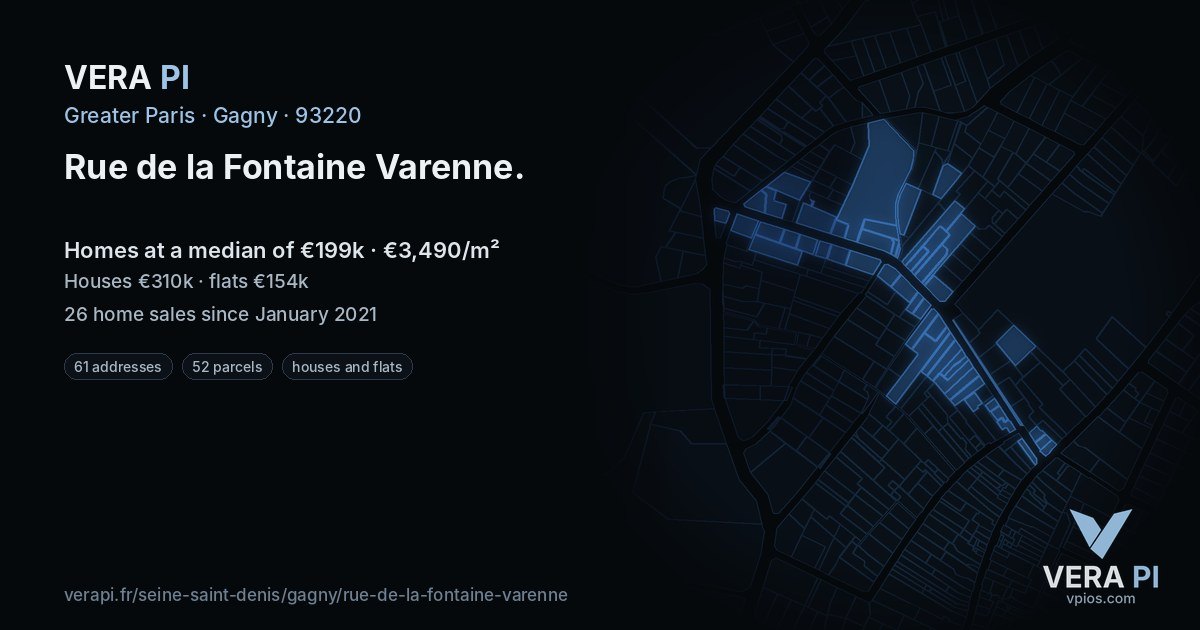 Rue de la Fontaine Varenne, Gagny at night – every parcel coloured by the prices around it, the street's own parcels lit