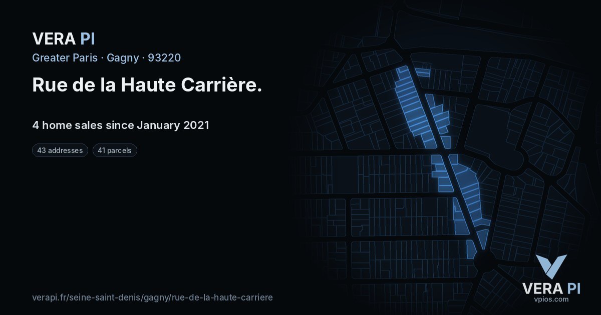 Rue de la Haute Carrière, Gagny at night – every parcel coloured by the prices around it, the street's own parcels lit
