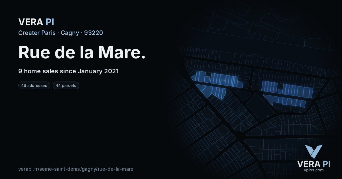 Rue de la Mare, Gagny at night – every parcel coloured by the prices around it, the street's own parcels lit