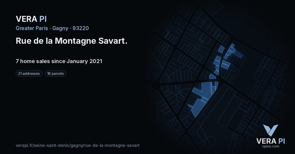 Rue de la Montagne Savart, Gagny at night – every parcel coloured by the prices around it, the street's own parcels lit