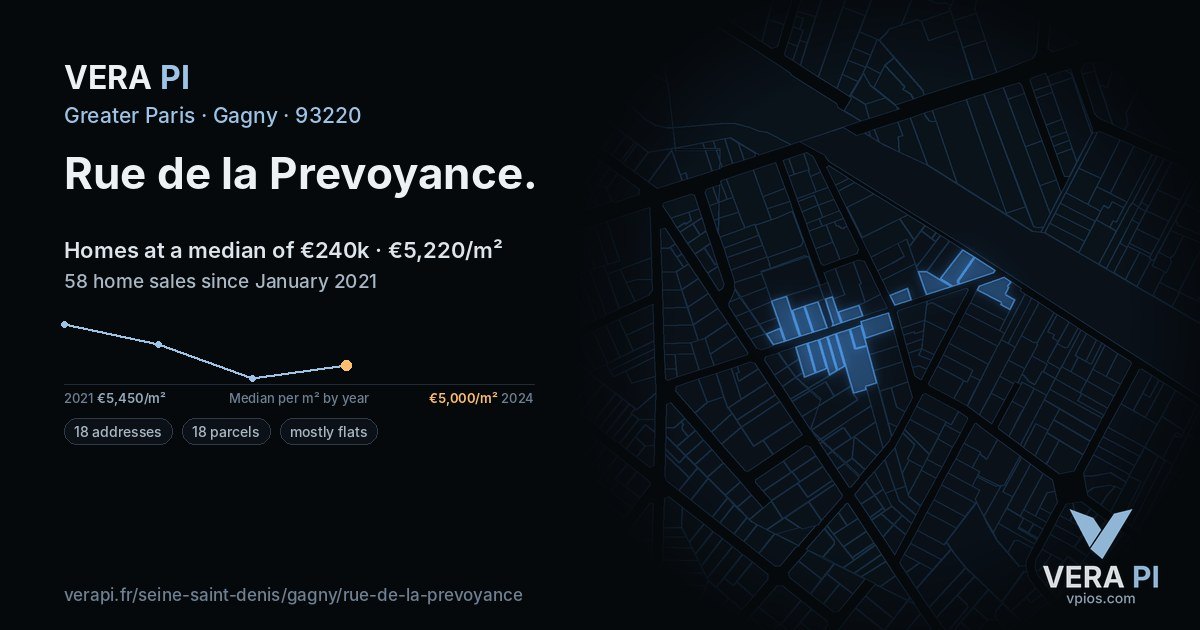 Rue de la Prevoyance, Gagny at night – every parcel coloured by the prices around it, the street's own parcels lit