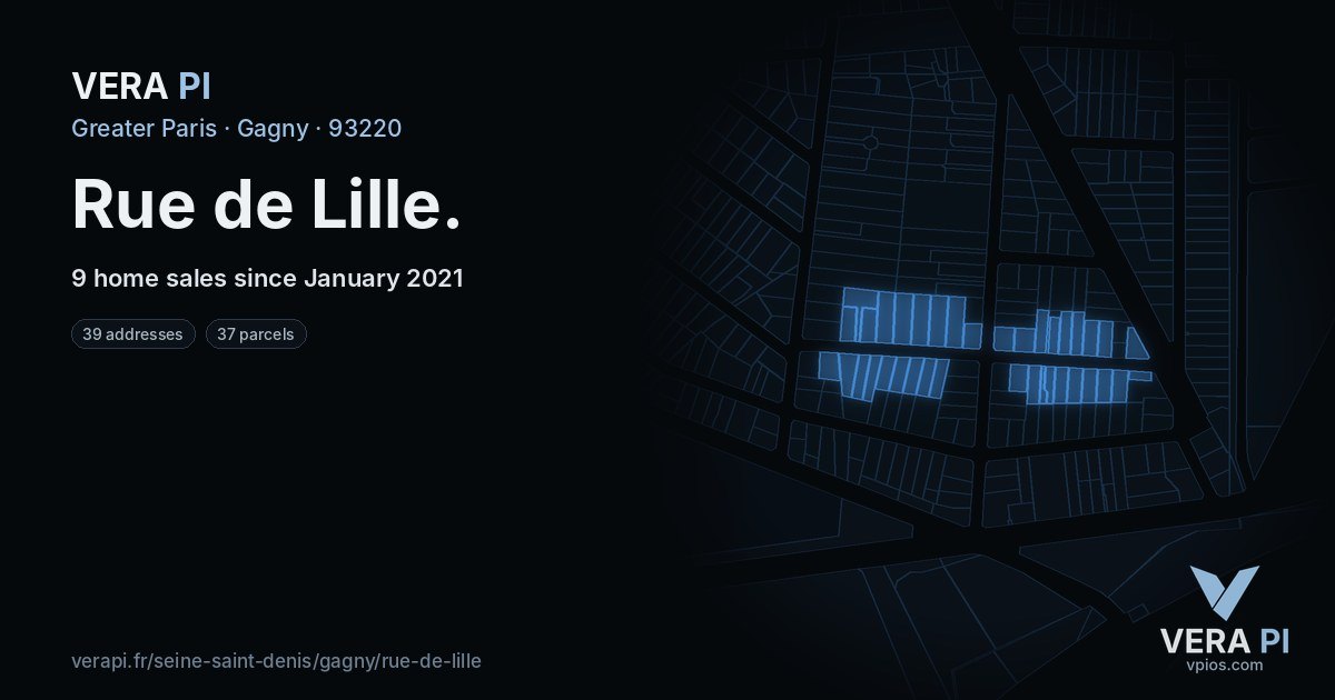 Rue de Lille, Gagny at night – every parcel coloured by the prices around it, the street's own parcels lit