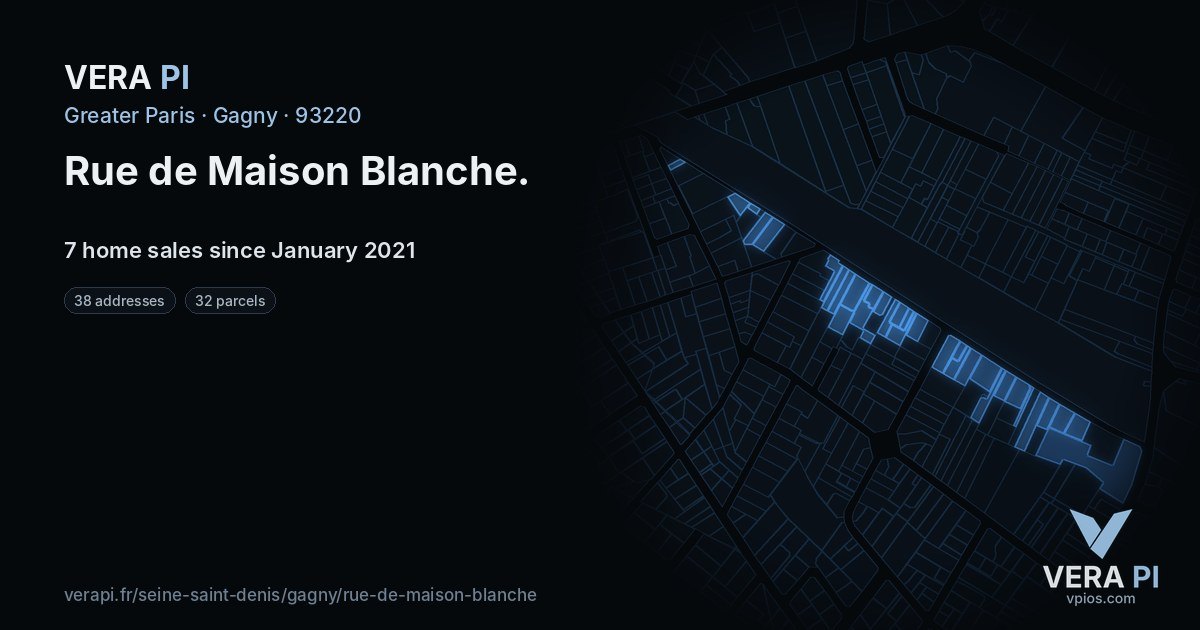 Rue de Maison Blanche, Gagny at night – every parcel coloured by the prices around it, the street's own parcels lit