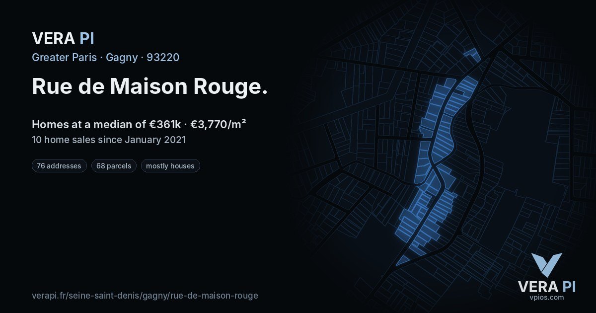 Rue de Maison Rouge, Gagny at night – every parcel coloured by the prices around it, the street's own parcels lit