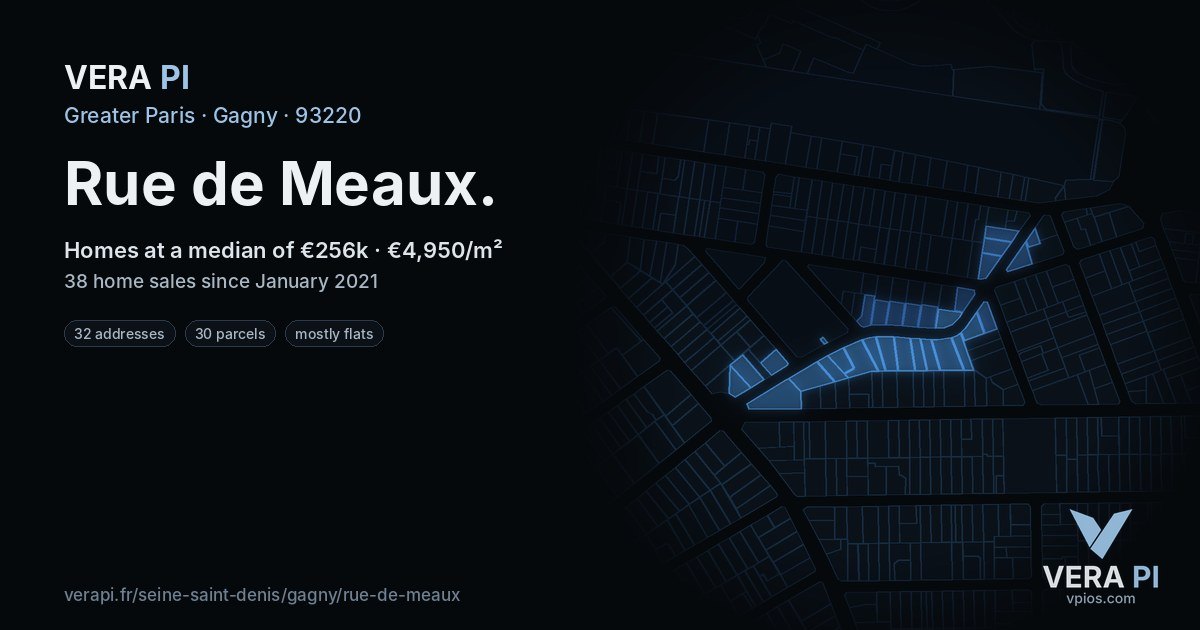 Rue de Meaux, Gagny at night – every parcel coloured by the prices around it, the street's own parcels lit