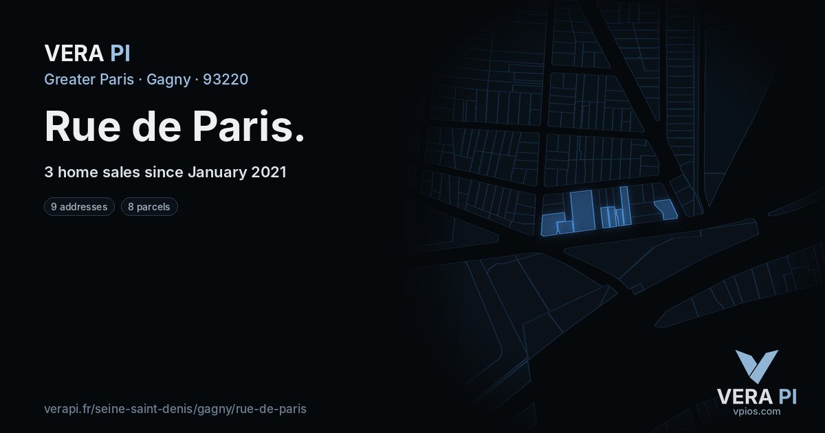 Rue de Paris, Gagny at night – every parcel coloured by the prices around it, the street's own parcels lit