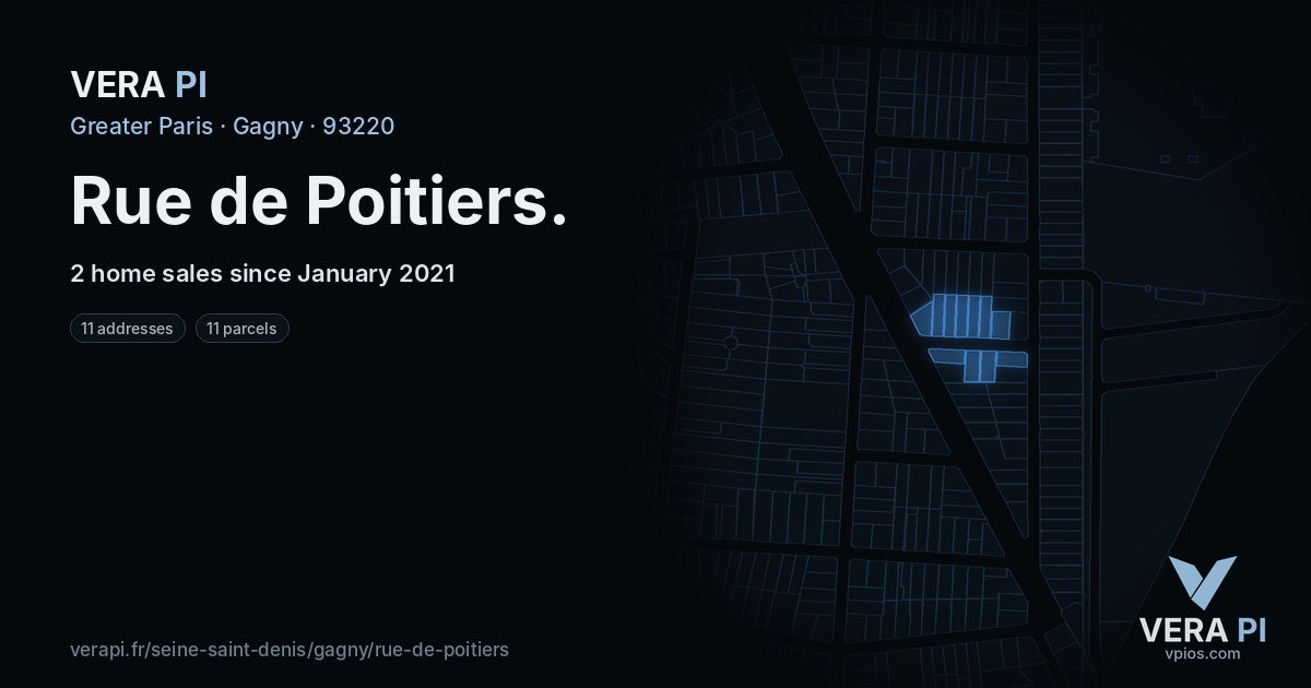 Rue de Poitiers, Gagny at night – every parcel coloured by the prices around it, the street's own parcels lit