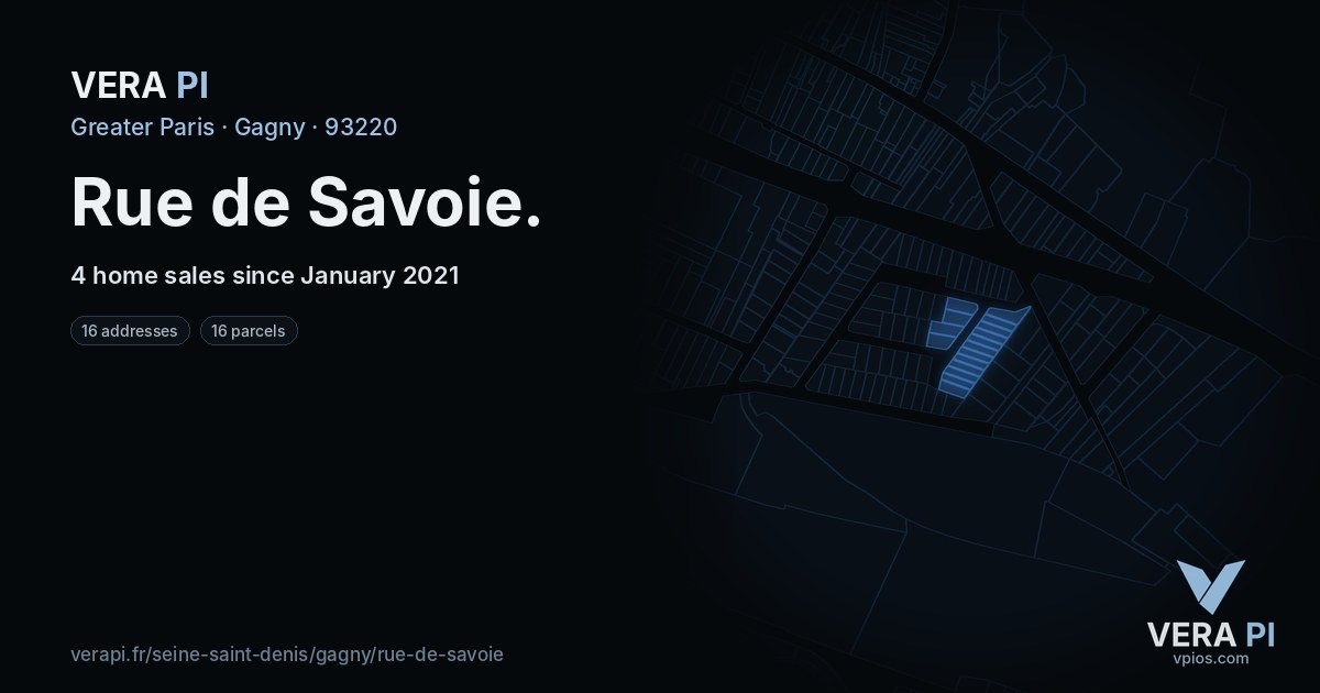 Rue de Savoie, Gagny at night – every parcel coloured by the prices around it, the street's own parcels lit