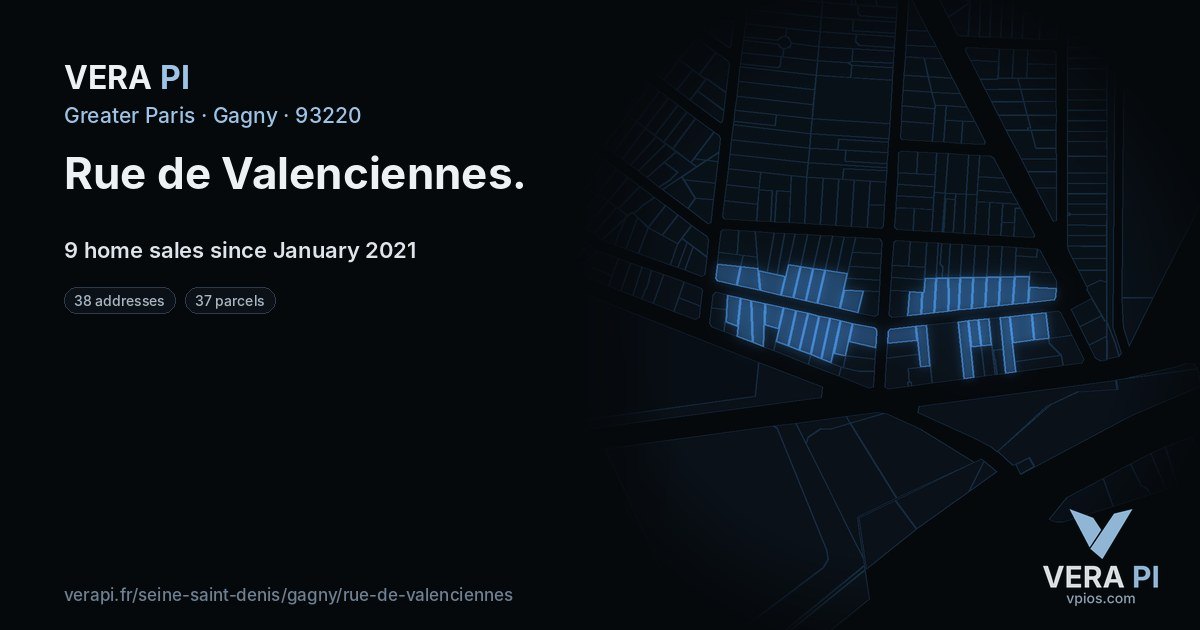 Rue de Valenciennes, Gagny at night – every parcel coloured by the prices around it, the street's own parcels lit
