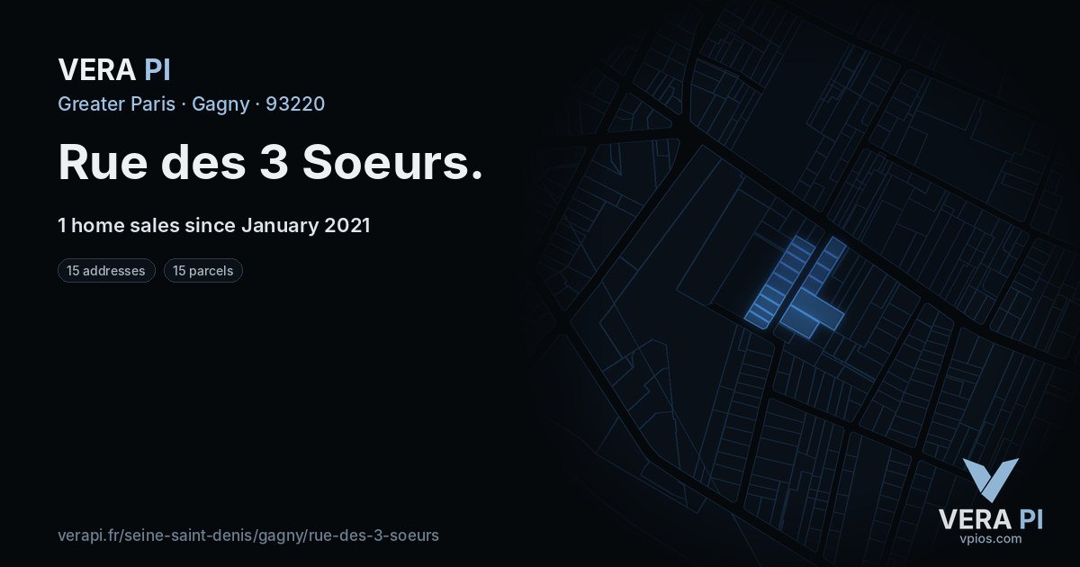 Rue des 3 Soeurs, Gagny at night – every parcel coloured by the prices around it, the street's own parcels lit