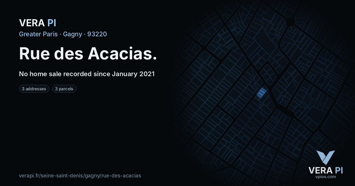 Rue des Acacias, Gagny at night – every parcel coloured by the prices around it, the street's own parcels lit