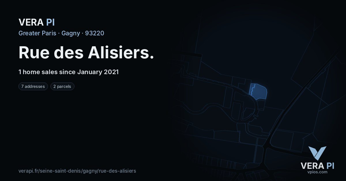 Rue des Alisiers, Gagny at night – every parcel coloured by the prices around it, the street's own parcels lit