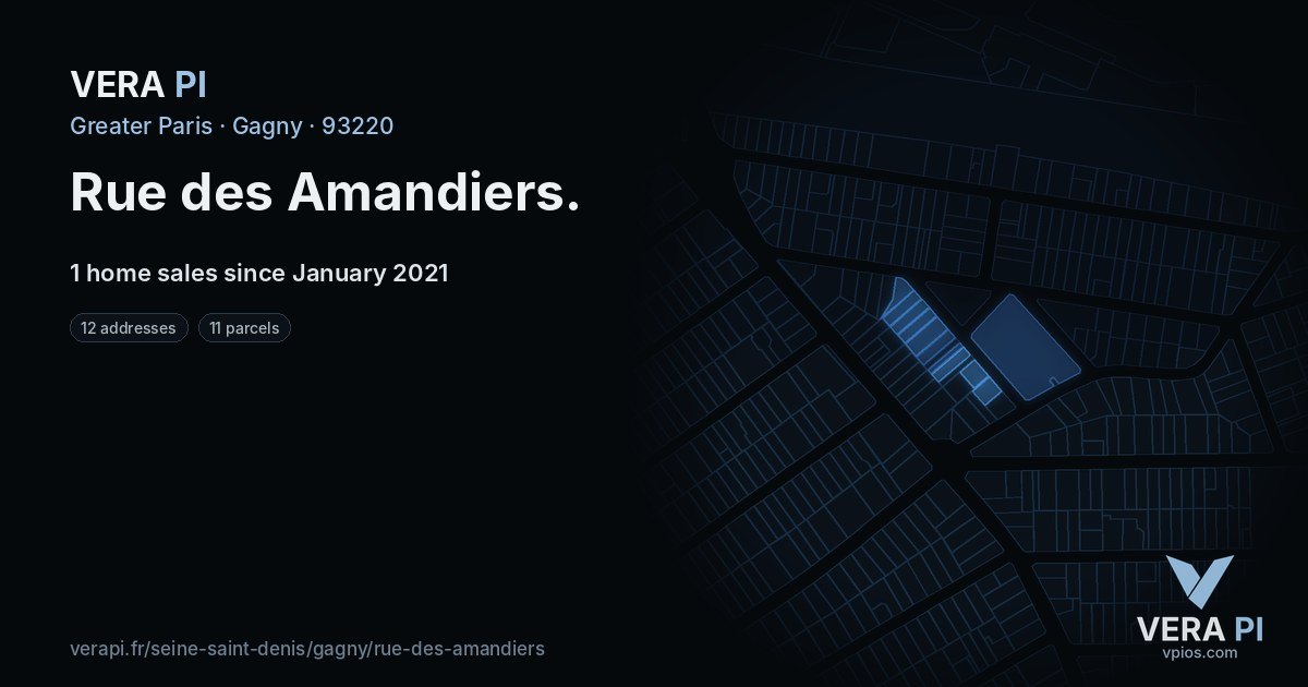 Rue des Amandiers, Gagny at night – every parcel coloured by the prices around it, the street's own parcels lit
