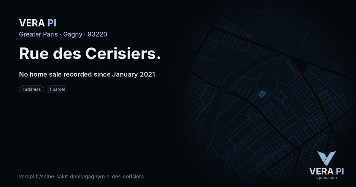 Rue des Cerisiers, Gagny at night – every parcel coloured by the prices around it, the street's own parcels lit