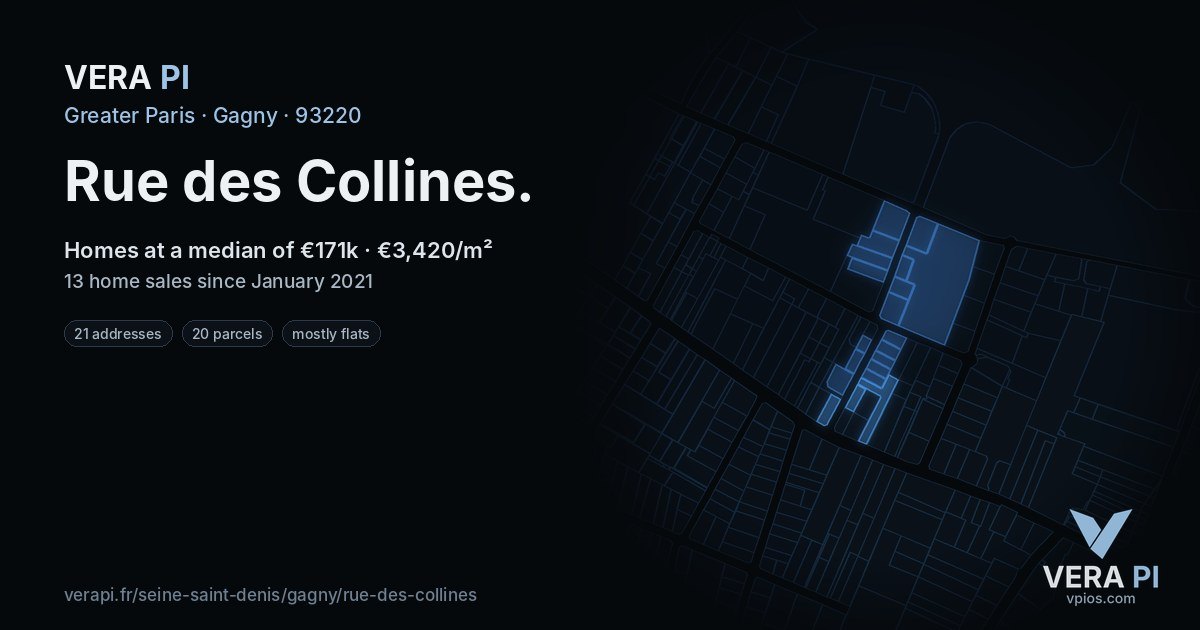 Rue des Collines, Gagny at night – every parcel coloured by the prices around it, the street's own parcels lit