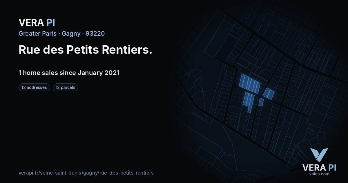 Rue des Petits Rentiers, Gagny at night – every parcel coloured by the prices around it, the street's own parcels lit