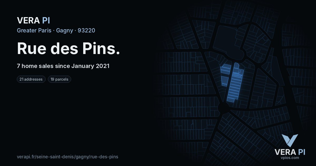 Rue des Pins, Gagny at night – every parcel coloured by the prices around it, the street's own parcels lit