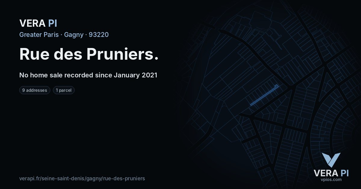 Rue des Pruniers, Gagny at night – every parcel coloured by the prices around it, the street's own parcels lit