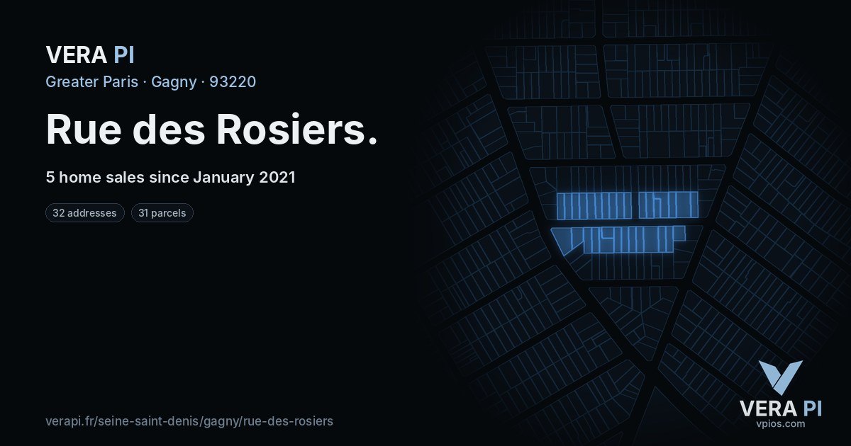 Rue des Rosiers, Gagny at night – every parcel coloured by the prices around it, the street's own parcels lit