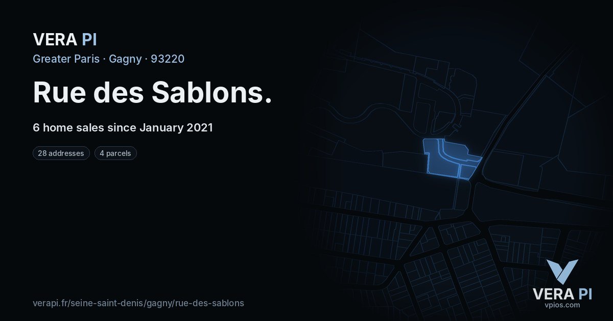 Rue des Sablons, Gagny at night – every parcel coloured by the prices around it, the street's own parcels lit