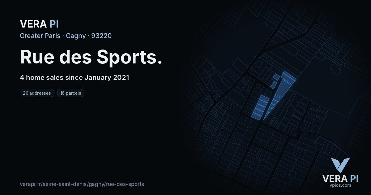 Rue des Sports, Gagny at night – every parcel coloured by the prices around it, the street's own parcels lit