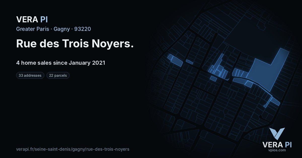 Rue des Trois Noyers, Gagny at night – every parcel coloured by the prices around it, the street's own parcels lit
