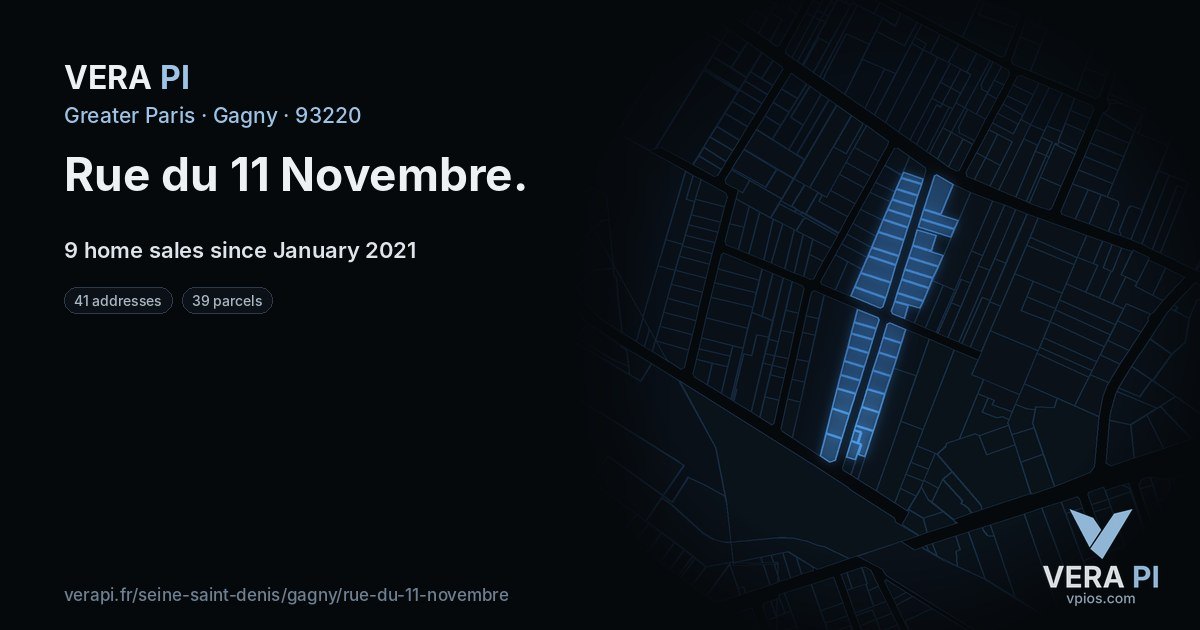 Rue du 11 Novembre, Gagny at night – every parcel coloured by the prices around it, the street's own parcels lit