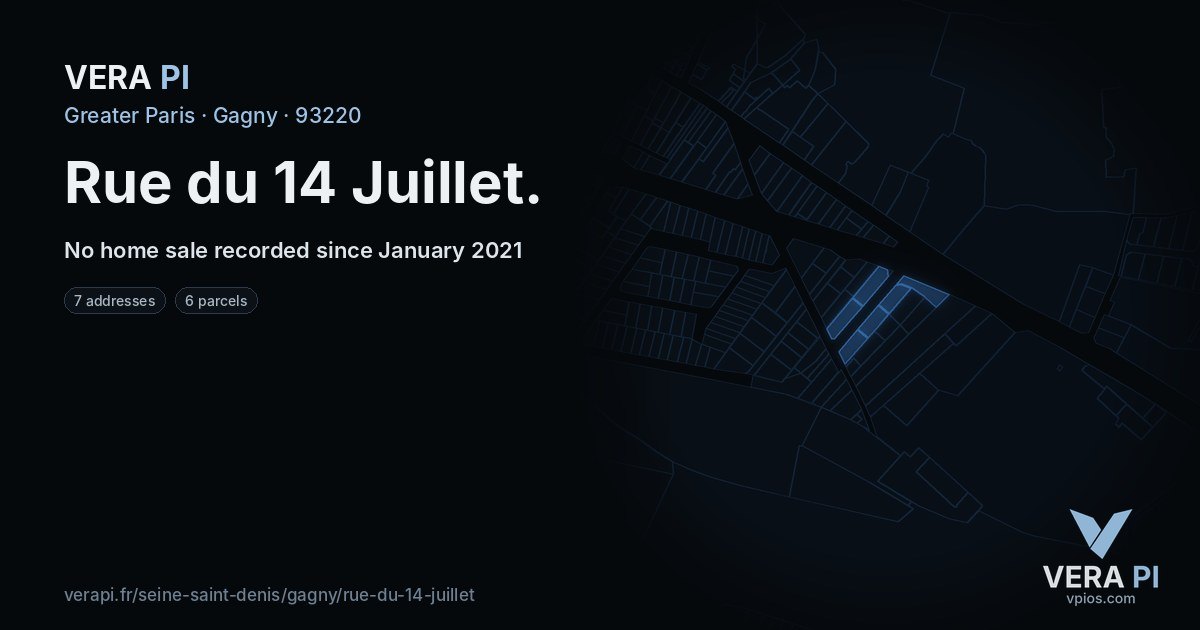 Rue du 14 Juillet, Gagny at night – every parcel coloured by the prices around it, the street's own parcels lit