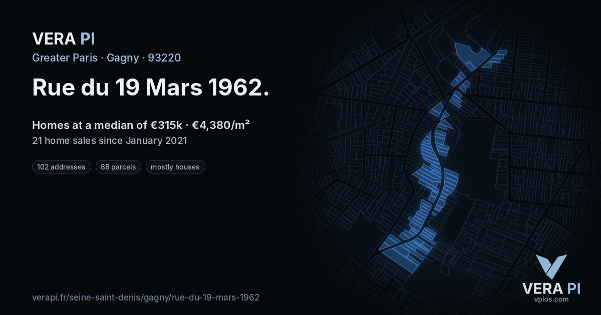 Rue du 19 Mars 1962, Gagny at night – every parcel coloured by the prices around it, the street's own parcels lit