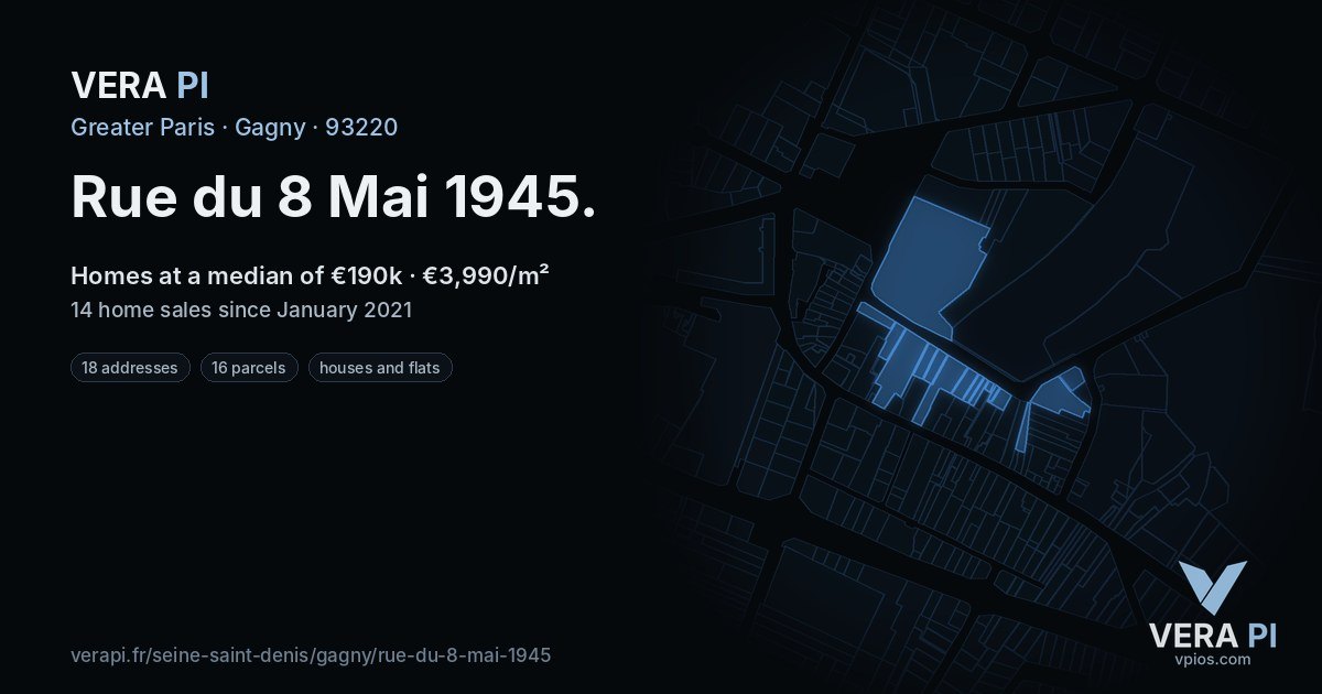 Rue du 8 Mai 1945, Gagny at night – every parcel coloured by the prices around it, the street's own parcels lit