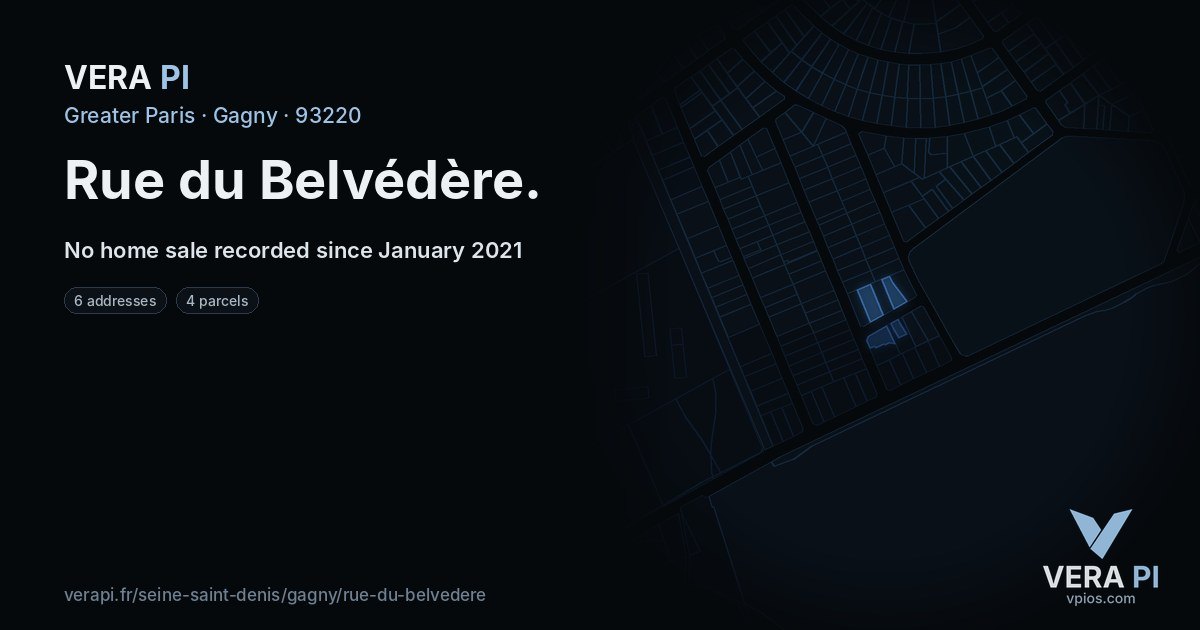 Rue du Belvédère, Gagny at night – every parcel coloured by the prices around it, the street's own parcels lit