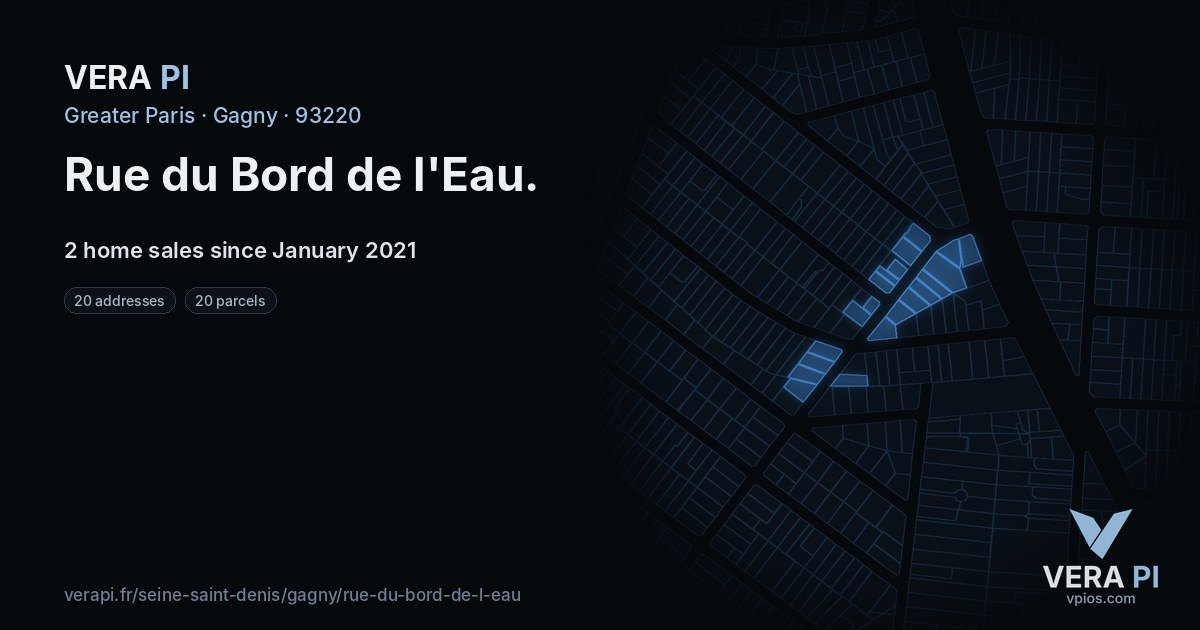 Rue du Bord de l'Eau, Gagny at night – every parcel coloured by the prices around it, the street's own parcels lit