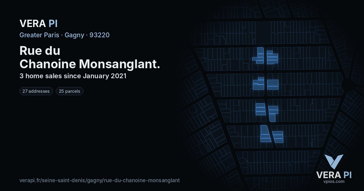 Rue du Chanoine Monsanglant, Gagny at night – every parcel coloured by the prices around it, the street's own parcels lit