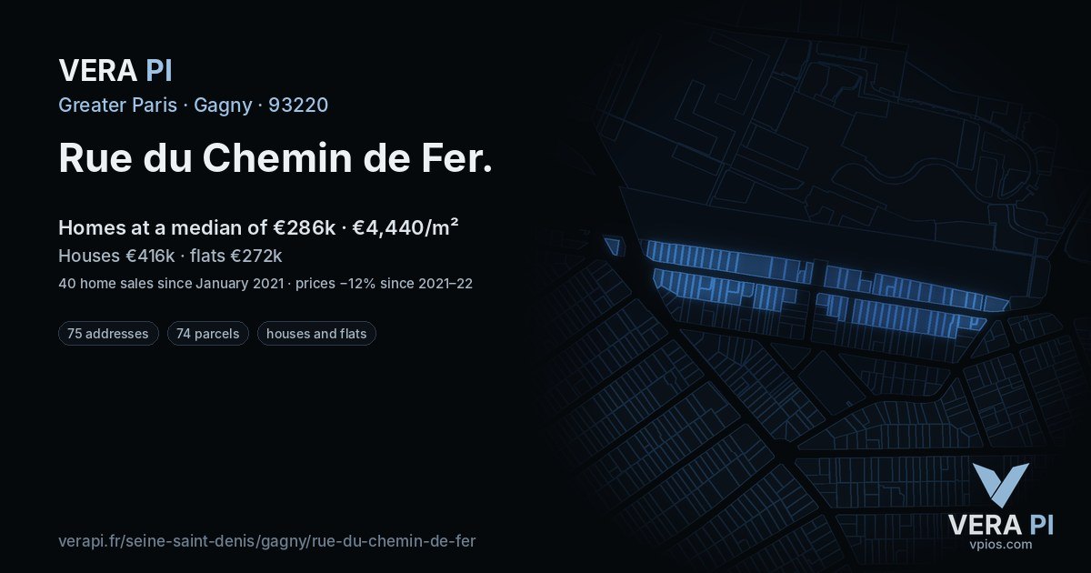 Rue du Chemin de Fer, Gagny at night – every parcel coloured by the prices around it, the street's own parcels lit