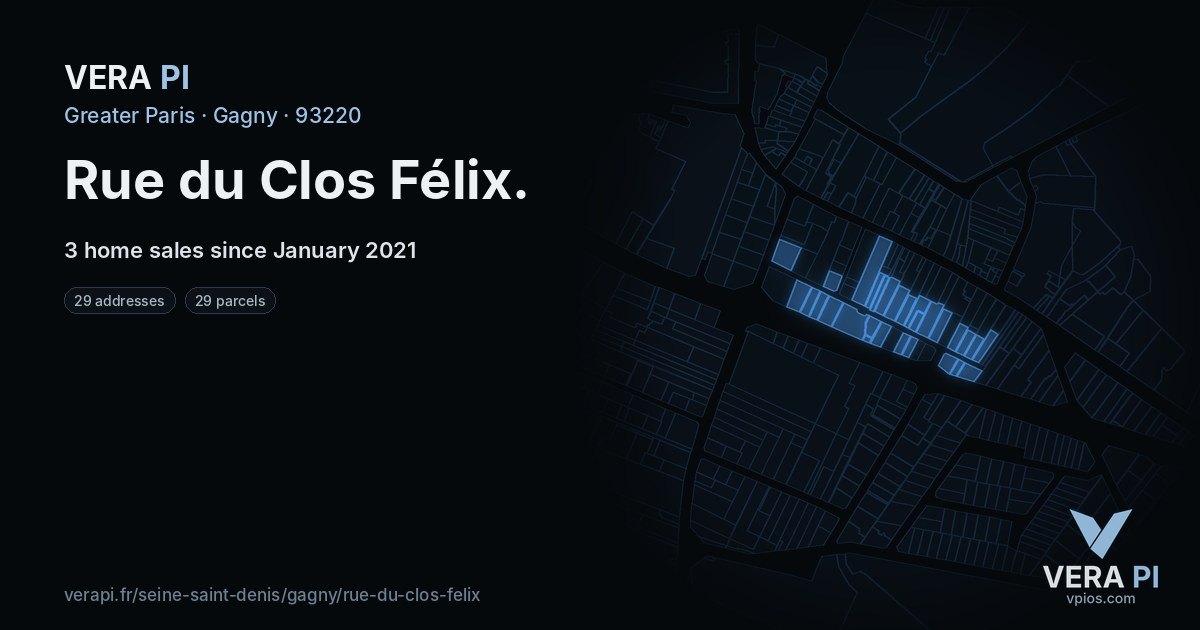 Rue du Clos Félix, Gagny at night – every parcel coloured by the prices around it, the street's own parcels lit