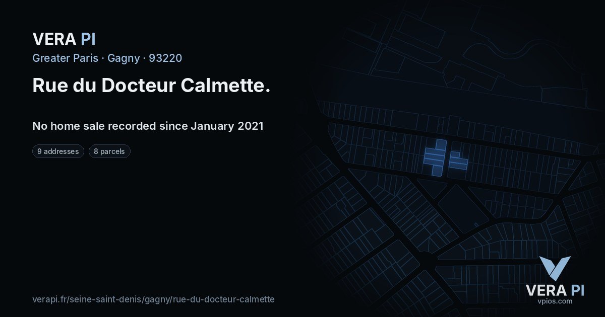 Rue du Docteur Calmette, Gagny at night – every parcel coloured by the prices around it, the street's own parcels lit