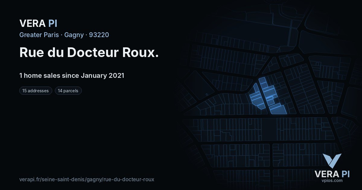 Rue du Docteur Roux, Gagny at night – every parcel coloured by the prices around it, the street's own parcels lit