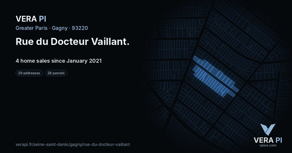 Rue du Docteur Vaillant, Gagny at night – every parcel coloured by the prices around it, the street's own parcels lit