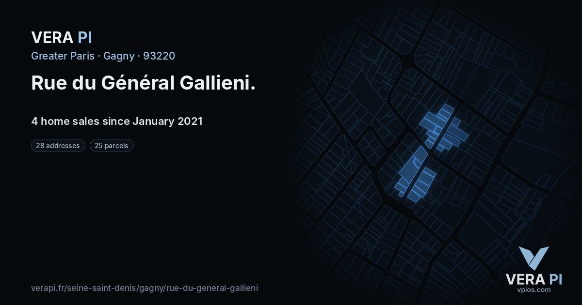 Rue du Général Gallieni, Gagny at night – every parcel coloured by the prices around it, the street's own parcels lit