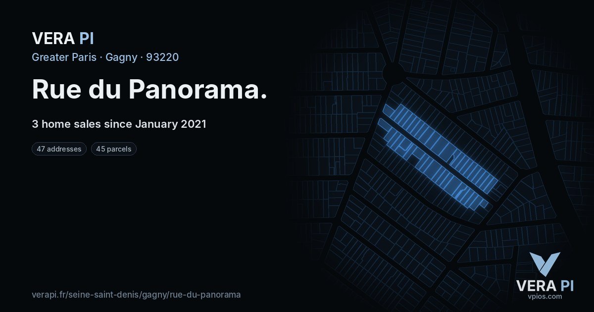 Rue du Panorama, Gagny at night – every parcel coloured by the prices around it, the street's own parcels lit