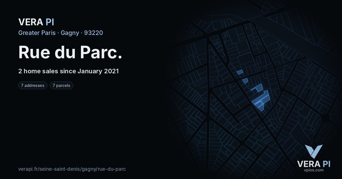 Rue du Parc, Gagny at night – every parcel coloured by the prices around it, the street's own parcels lit