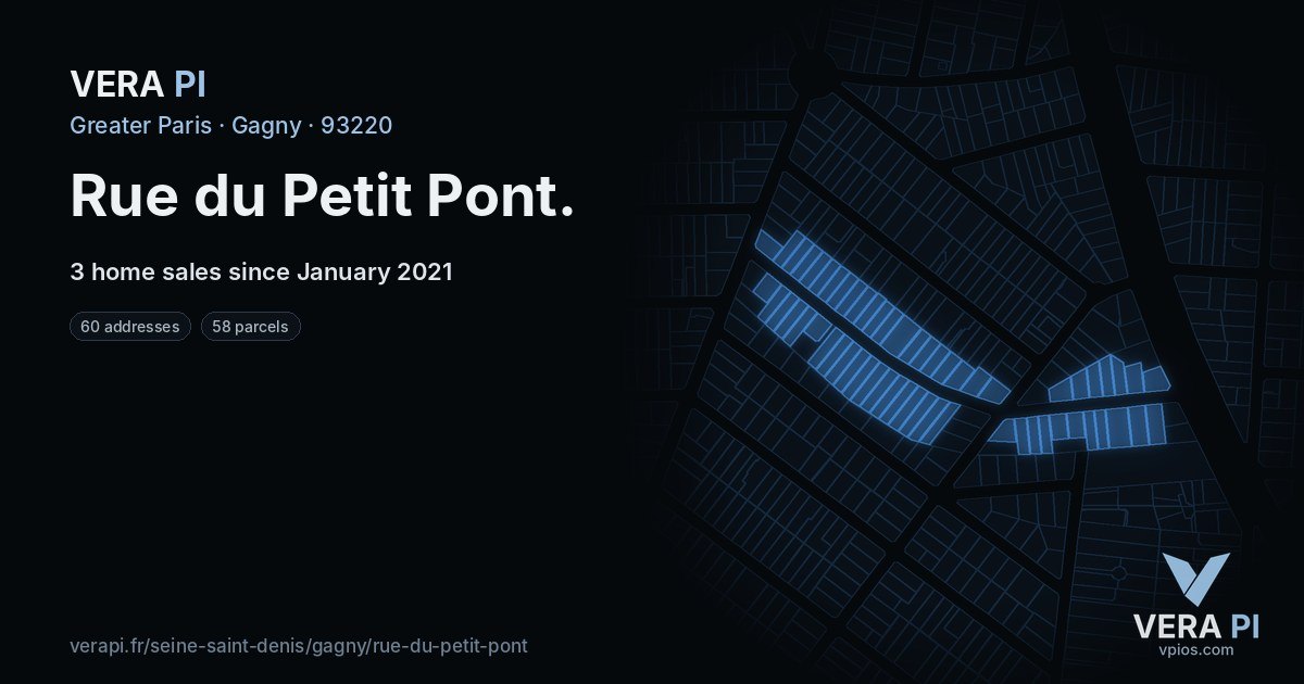 Rue du Petit Pont, Gagny at night – every parcel coloured by the prices around it, the street's own parcels lit