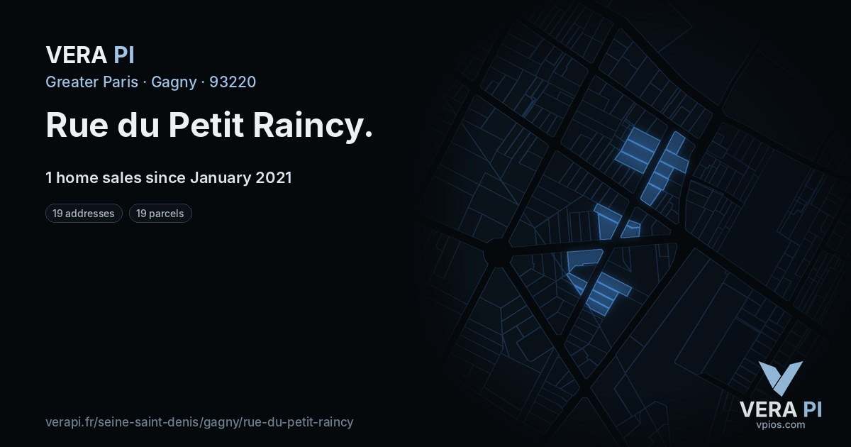 Rue du Petit Raincy, Gagny at night – every parcel coloured by the prices around it, the street's own parcels lit